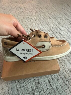Sperry Kids Tan and Cream No-Tie Moccasin Boat Shoes